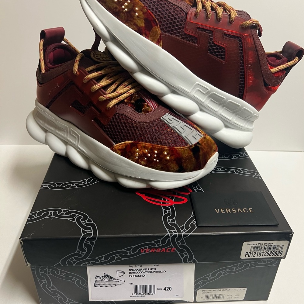 Versace Chain Reaction Platform Low Top Sneakers Orange Red Runners Size 42 M 9